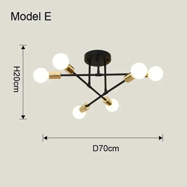 Suspension Nordique Minimaliste - Lustre Design 6 Branches Noir/Or/Blanc