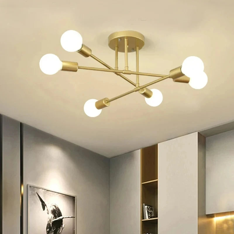 Suspension Nordique Minimaliste - Lustre Design 6 Branches Noir/Or/Blanc