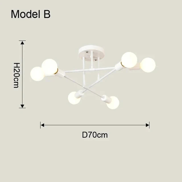 Suspension Nordique Minimaliste - Lustre Design 6 Branches Noir/Or/Blanc