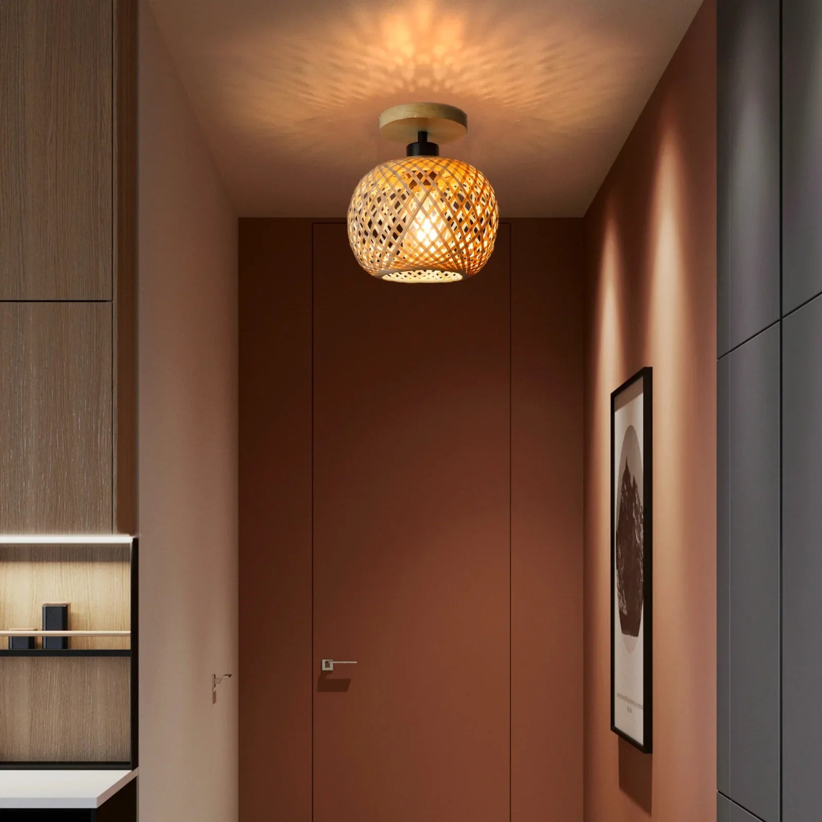 Plafonnier Bambou Tressé Artisanal - Luminaire Naturel Style Rétro