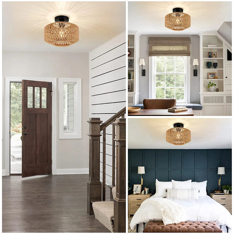 Lampe Suspension Rotin Naturel Tressé Main - Plafonnier E27 Style Bohème