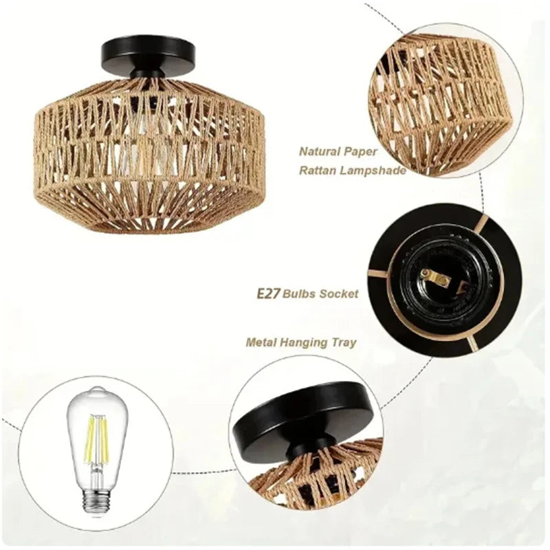 Lampe Suspension Rotin Naturel Tressé Main - Plafonnier E27 Style Bohème